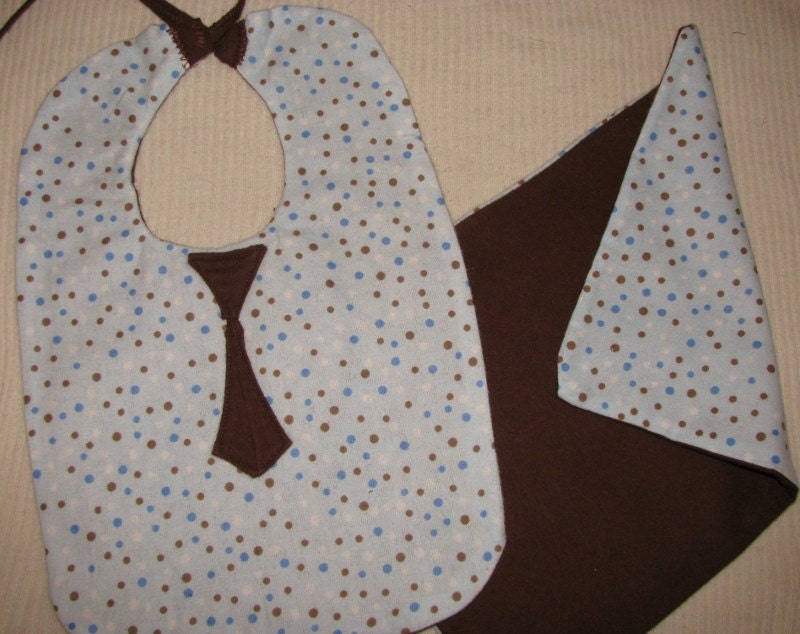 Blue Polka Dot with Brown Tie Baby Bib Set