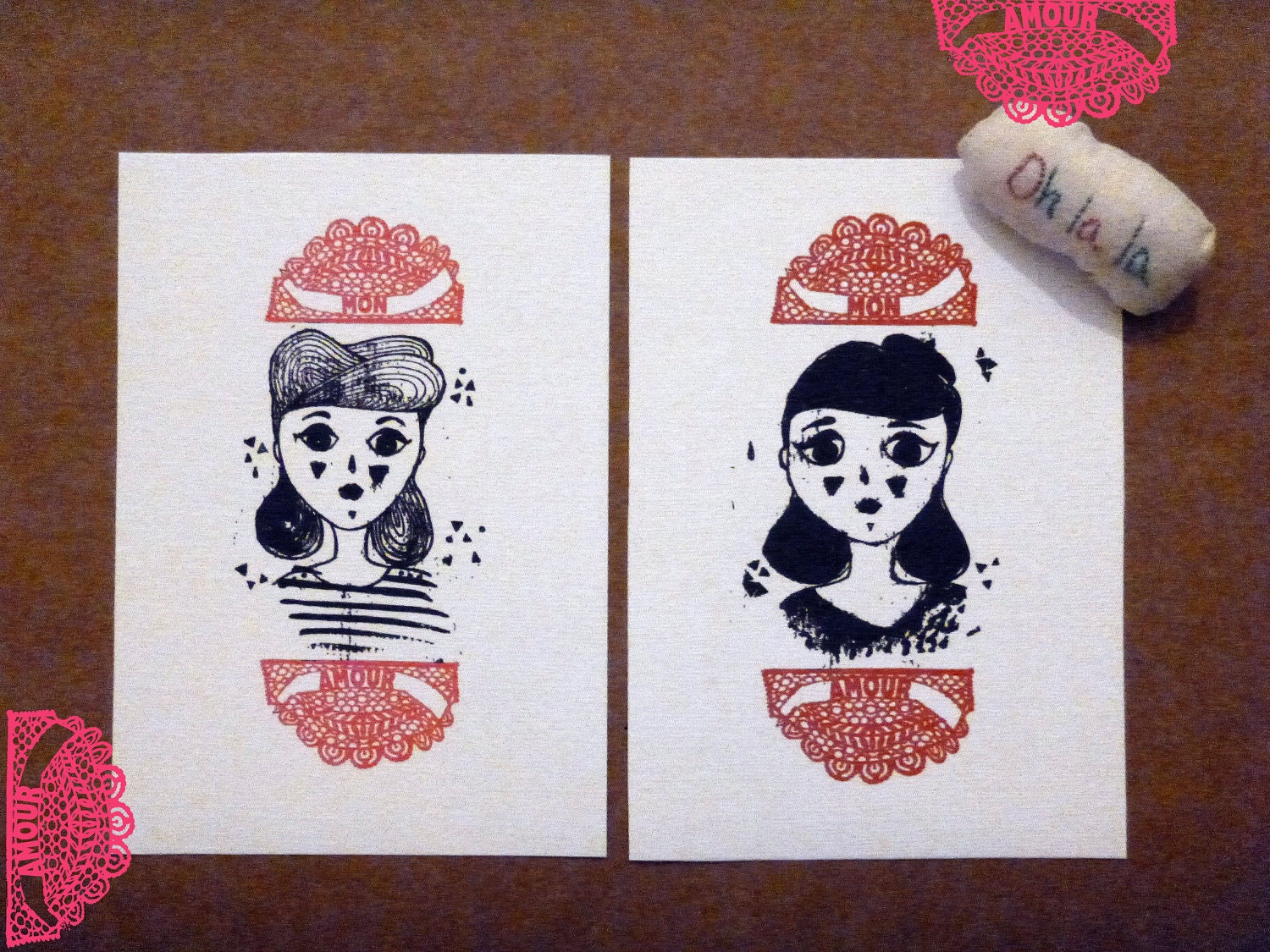 Postcards  saying my love  in french ,Mon Amour from an original handmade drawing colored digitally