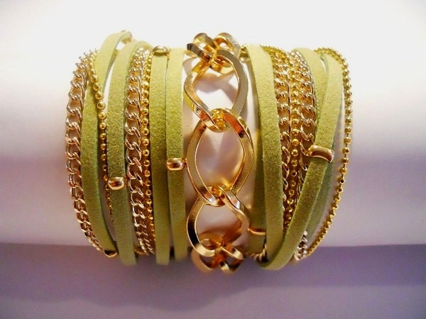 Green suede wrap bracelet with chunky gold curb chain, gold plated beads and chains - Annikaloveforwraps