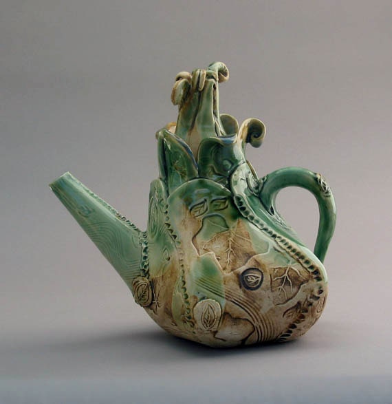 Garden Teapot rustic leaves design handmade stoneware with green glaze/brown patina