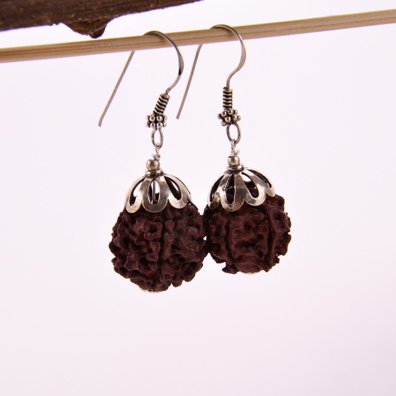 RUDRAKSHA HANDMADE EARRINGS, dark brown natural seed, gift with meaning, silver organic natural earthy jewelry, ethnic dangle earrings