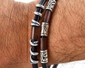 LEATHER HANDMADE BRACELET silver and copper tone urban modern bracelet unisex bracelet hypoallergenic jewelry