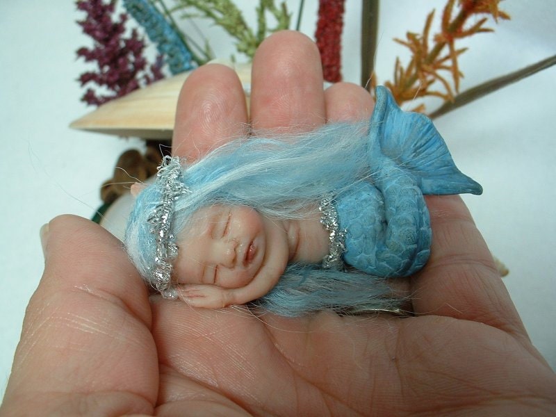 RESERVED for ROSE - Custom OOAK Hand Sculpted Miniature Mermaid Baby with Display - Made to Order Mini Merbaby Art Doll