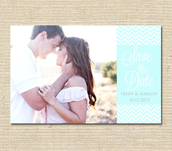 Grand Opening Sale - Engagement Save the Date Photo Announcement Aqua Chevrons - Printable File