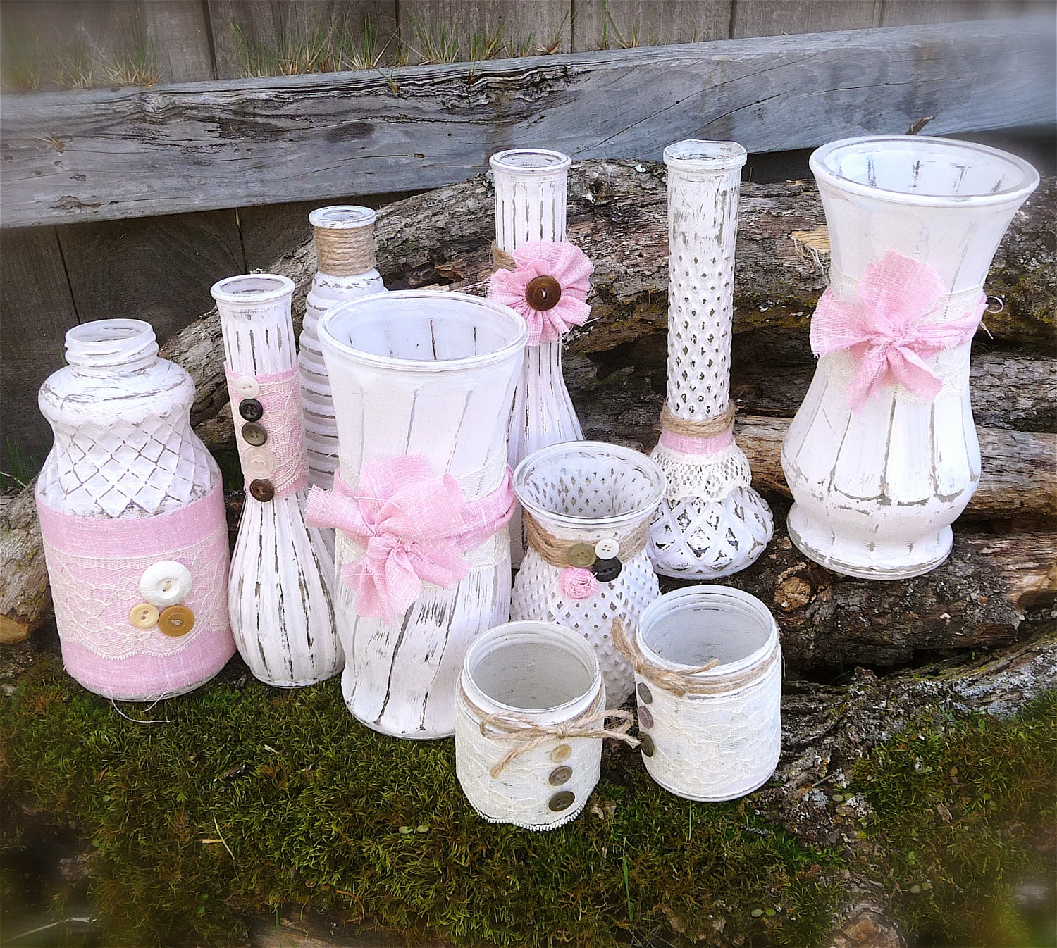 Shabby Chic Wedding Vases Set, Pink and White Lace