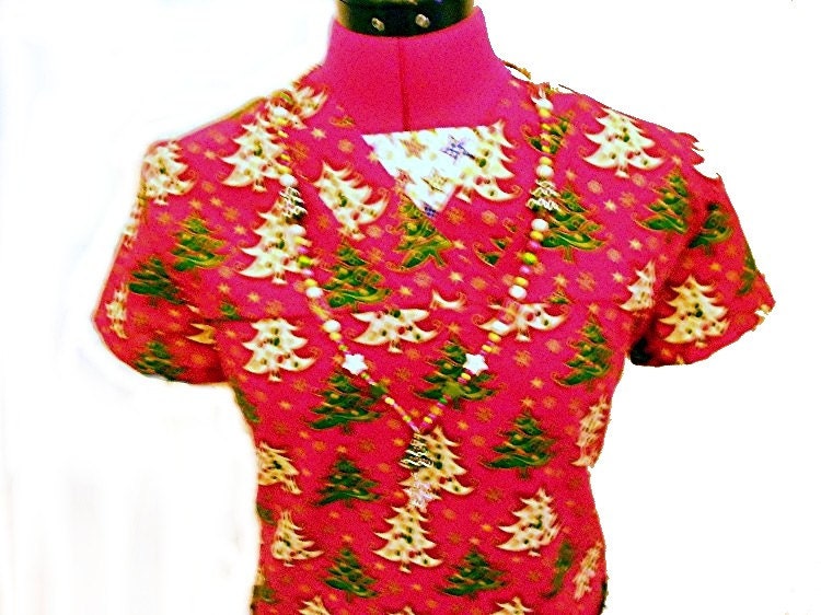 New Handmade Custom Christmas holiday Nurse Vet scrub nursing scrubs shirt top Women's Small