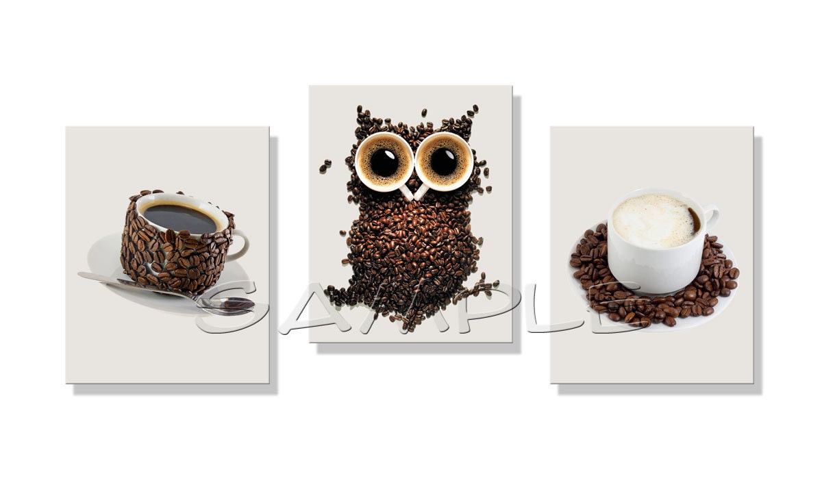 Coffee Owl Artwork Set of 3 8x10 Art Prints  Coffee Bean Owl Coffee Art - FinalTouchesArtwork