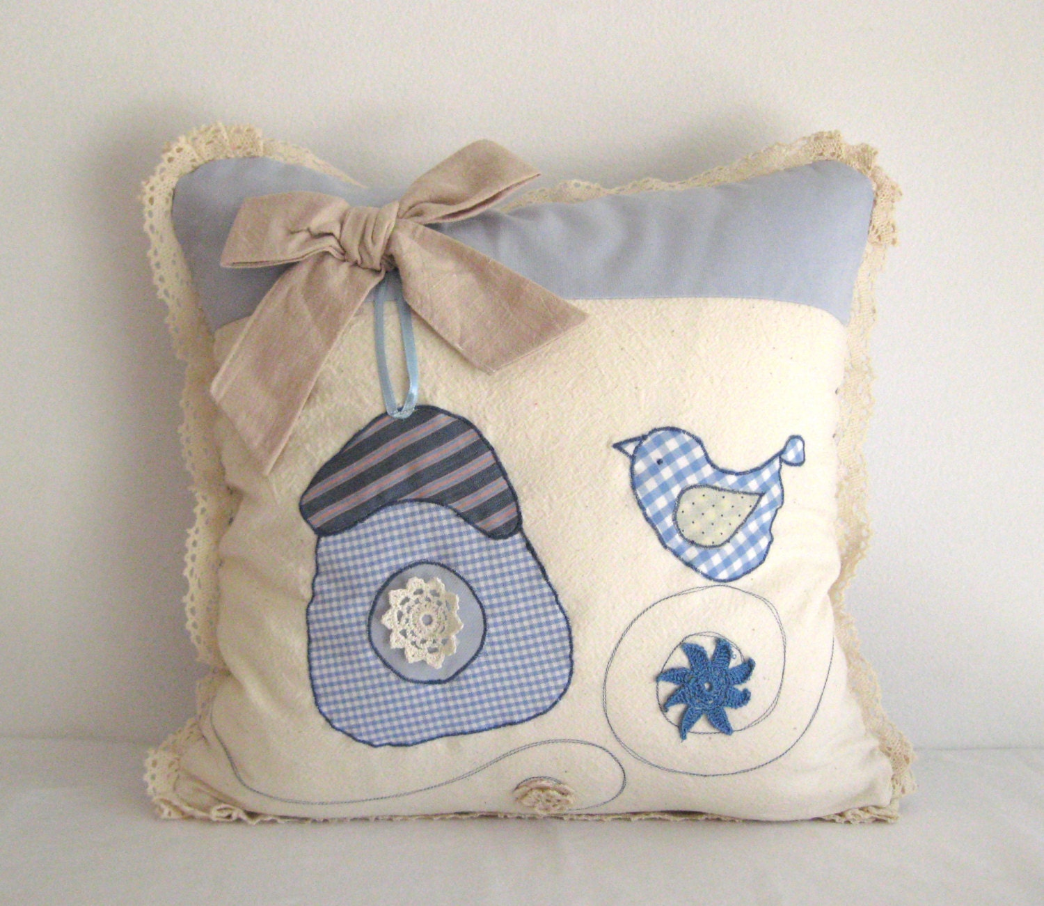 Bird house soft blue beige spring summer decorative accent pillow cover case Cottage country neutral natural cotton lace bow home decor