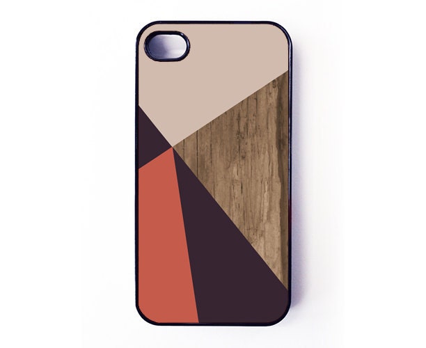 Iphone 4 Case / Iphone 4s Case - Coral Pink Brown Color Block with Wood Print iPhone cover - plastic or rubber - casual, gift idea