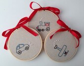 Trains, Plains and Automobiles Embroidery Hoops, Set of 3, Hand Embroidered Set, Cotton & Linen Fabric, Embroidery Hoop Wall Art, 4" Hoop