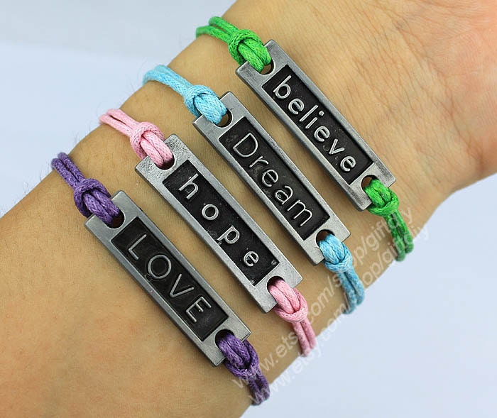 Believe Bracelet,Dream Bracelet,Hope Bracelet,LOVE bracelet-Wax Cord Bracelet-Best friend Bracelet BFF-Choose Your Favourite Color -