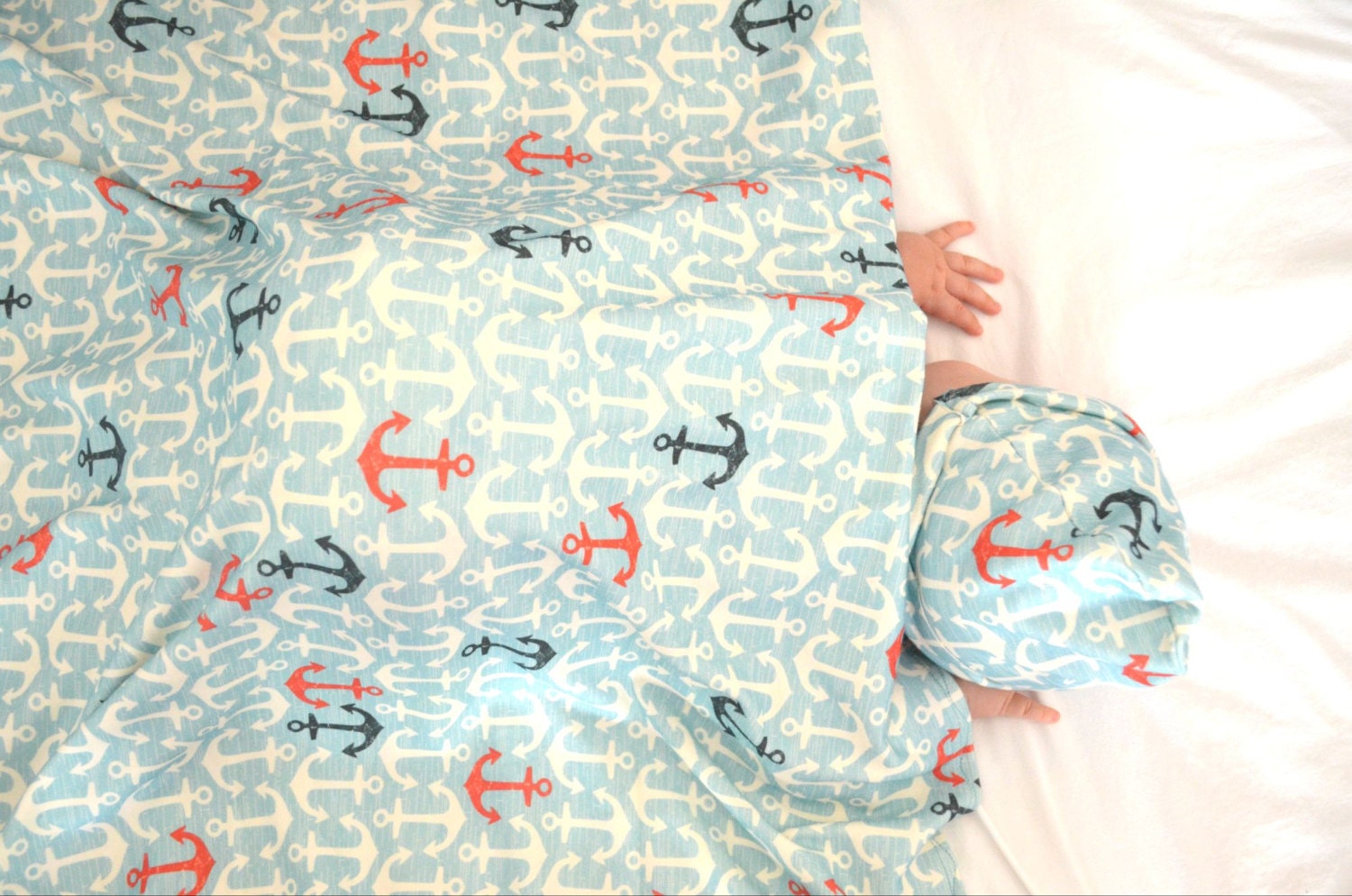 Nautical Organic knit  Receiving Blanket  and hat Coastie - BabysBeachHouseBtq