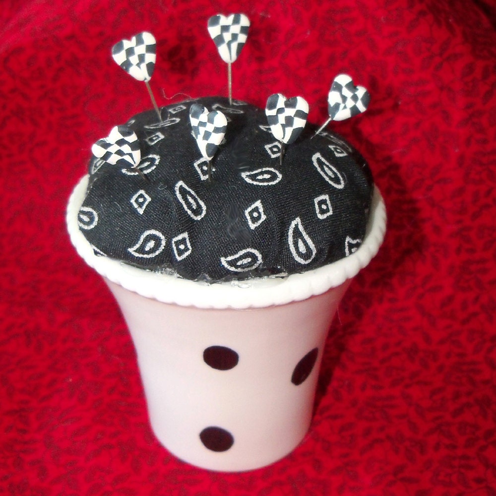 SALE Black and White Paisley Polkadot Pincushion With Checkered Heart Pins