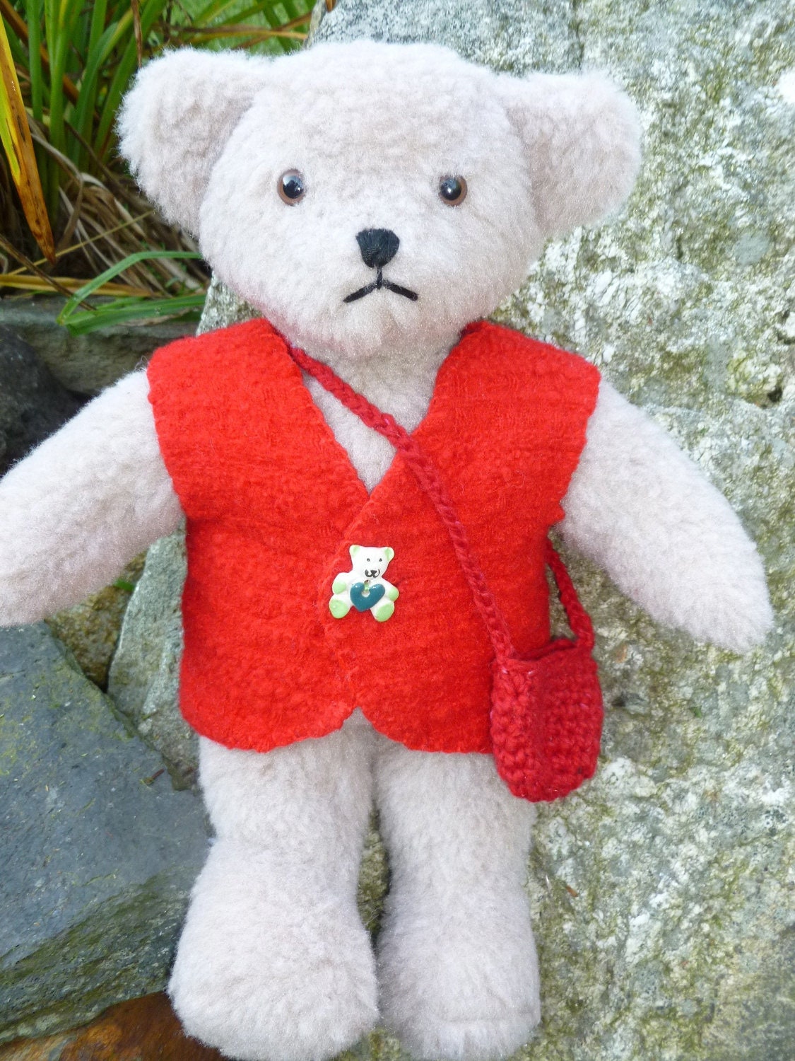 Teddy Bear handcrafted Large with wool vest and pouch