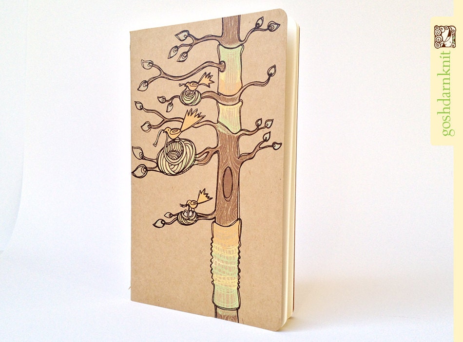 Knitting Tree Moleskine Cahier . Large . Ruled Pages . Notebook Journal . Yarn Bomb Tree Birds