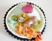 Tigress Sparkle Garden Brooch // miniature tiger, rhinestones, glitter hearts and flowers cardigan pin