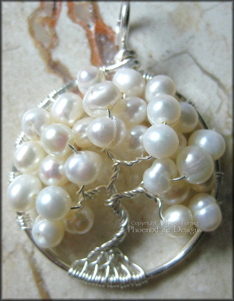 June Tree - Freshwater Pearls In Sterling Silver Tree of Life Pendant (June Birthstone) Wire Wrapped Bridal