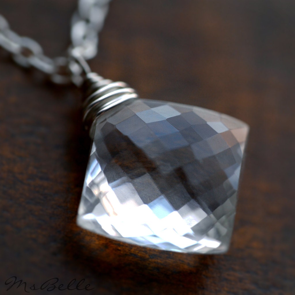 Clear Rock Crystal Quartz Gemstone Solitaire Necklace in Sterling Silver - Puffed Diamond Briolette Pendant Necklace