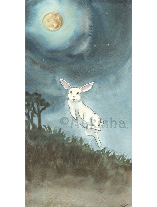 Original Watercolor Rabbit Painting - Full Moon, Leap