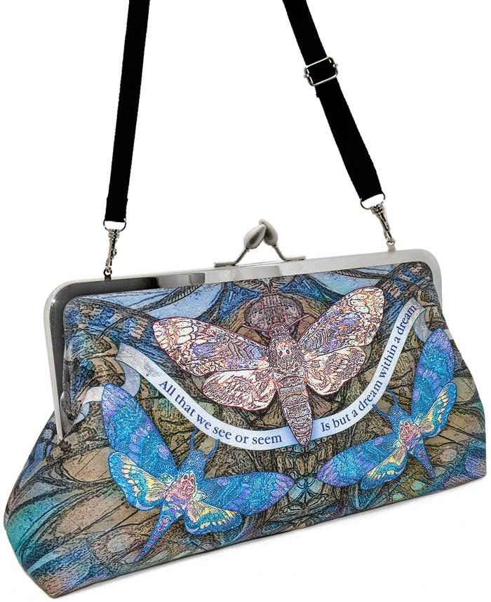 Dream within a Dream. Printed Edgar Allan Poe LARGE clutch/shoulder bag in dupion and silk. Unique, designed by Baba Studio.
