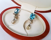 Blue Topaz Rhinestone Earrings - Pearl Drops - Coro - Weddings and Bridal