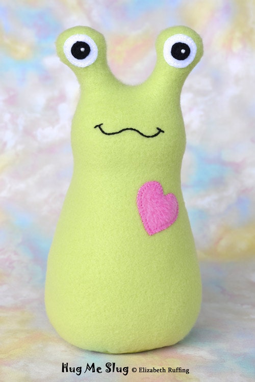 Handmade Slug, Stuffed Animal Plush Doll Art Toy, Hug Me Slug, Personalized Tag, Pear Green, Medium Pink Fleece, 9 inch, Ready-made