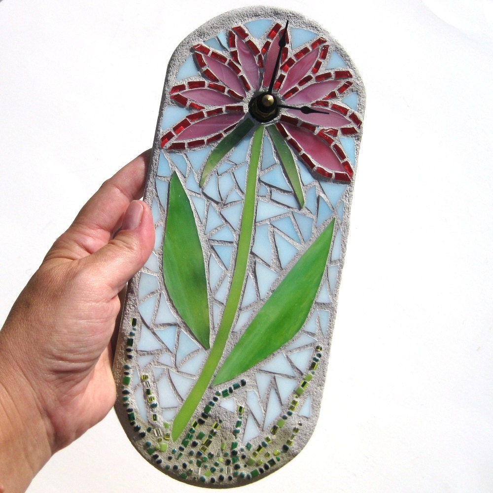Wall Clock - Stained Glass and Glass Tile Mosaic in Shimmer Pink Flower Design