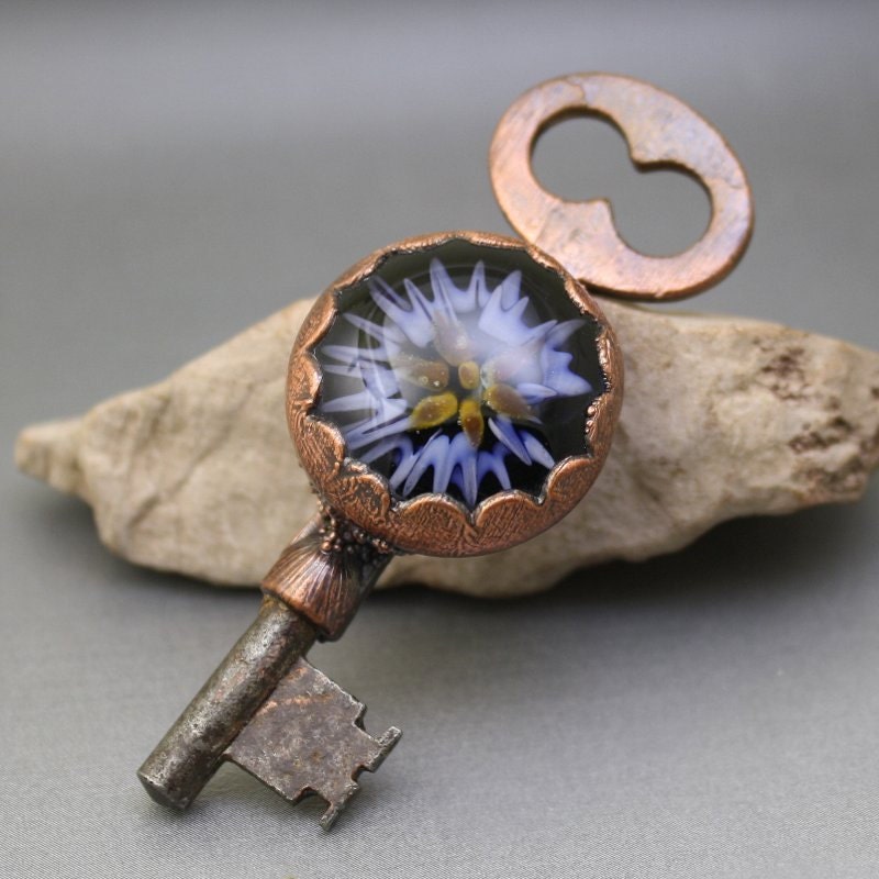Copper Electroformed Boro Glass Flower Pendant Recycled Vintage Skeleton Key