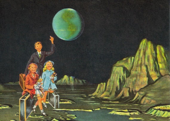 Original Collage Art Vacation on the Moon Art Kids Outer Space Travel Paper Collage