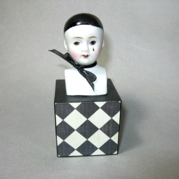 Porcelain Pierrot Clown Mixed Media Assemblage Art Doll Harlequin Figurine