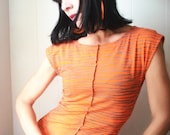 Feeling of Gaze - iheartfink Handmade Hand Printed Striped Bright Orange Womens TShirt Top