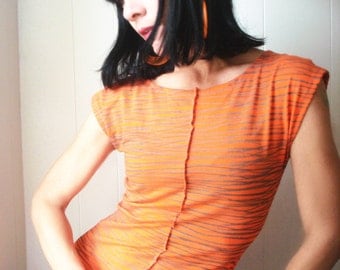 Feeling of Gaze - iheartfink Handmade Hand Printed Striped Bright Orange Womens TShirt Top