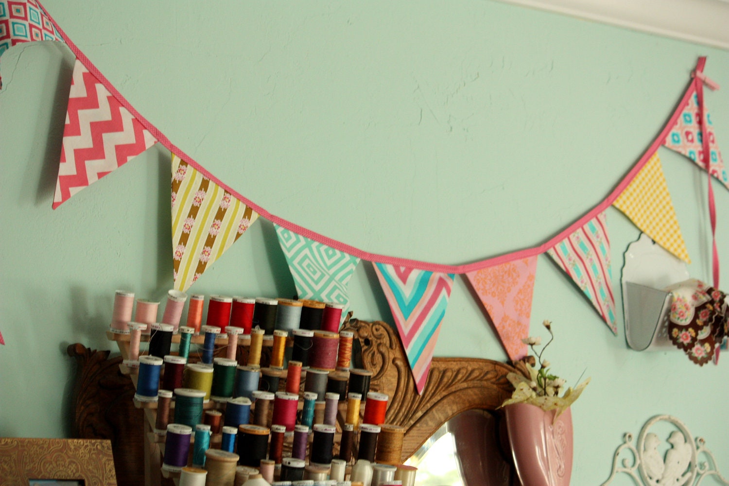 Yellow, Pink, and Aqua Fabric Bunting, 9 large flags.  Designer's Choice Shabby Chic Flag Banner for Birthdays, Photo Prop, Decoration.