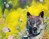 Akita Dog painting Portrait - LARGE 11X17 signed Poster Print - modern vibrant yellows and purples