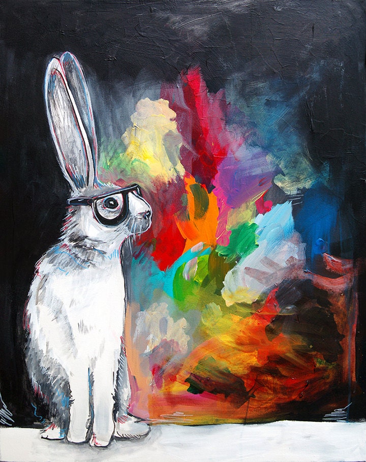 Hipster Rabbit painting 11X17 print - long eared hare wearing thick rimmed glasses- bold colorful splashes