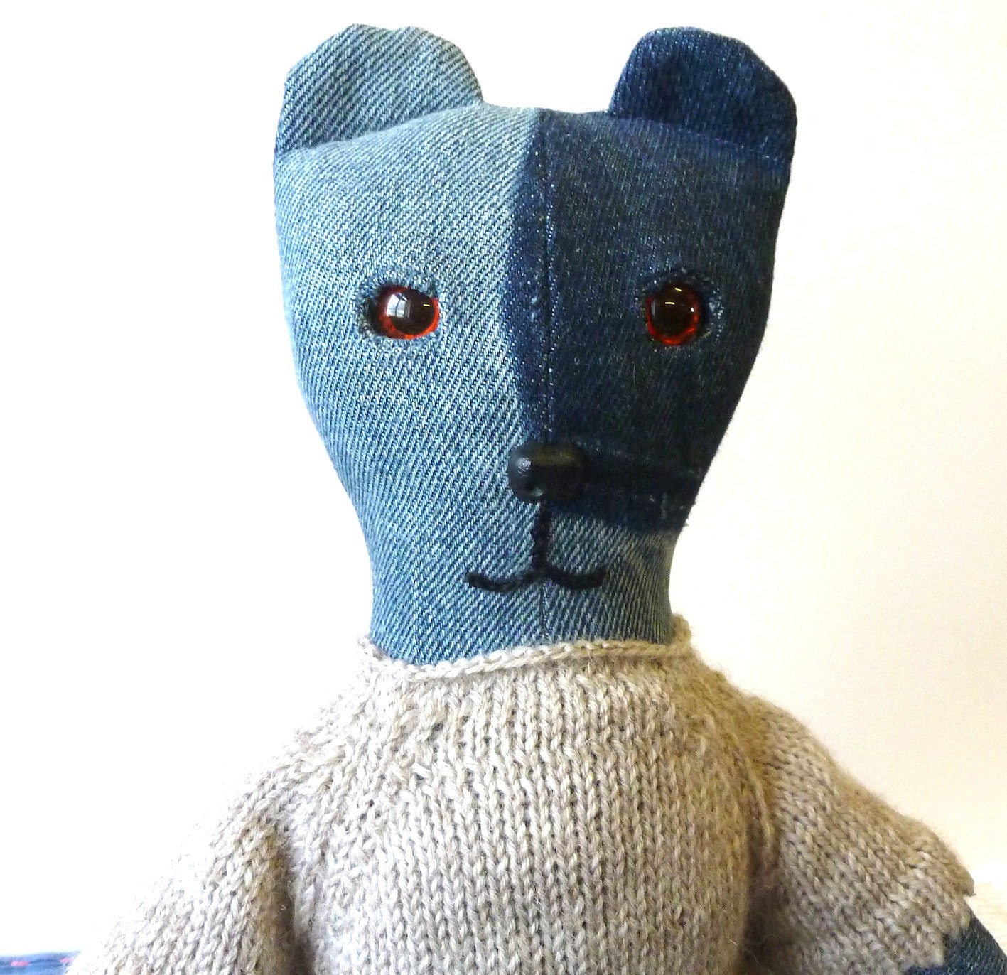 Denim Girl Bear With Inset Amber Eyes Wearing Knitted Oatmeal Dress