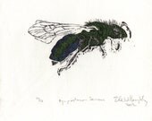 Metallic Green Bee Linocut