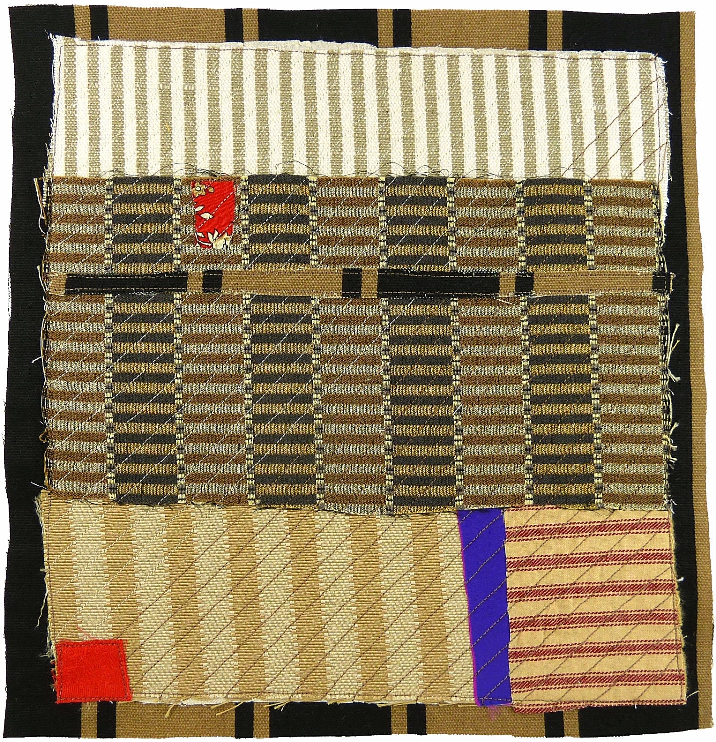 9.14.2012 small art quilt, contemporary, abstract, square, beige, brown, red, black, cream, purple, stripes