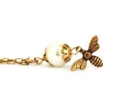 Honey Bee Necklace With Ivory Pearl, Bee Jewelry