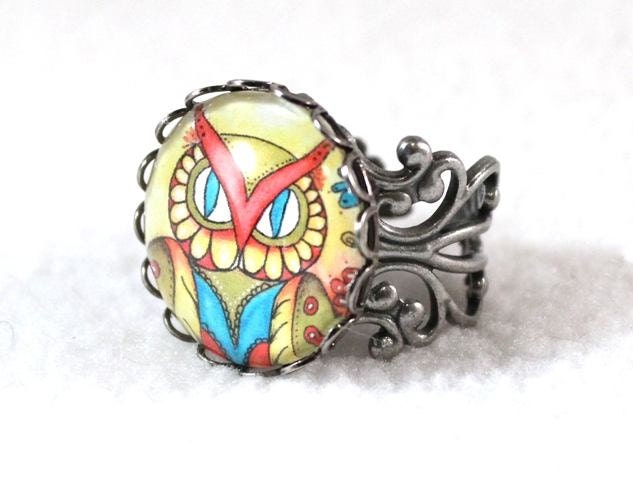 Owl Ring, Antique Silver Mexican Style Art Ring, Filigree Cocktail Ring Jewelry, Original Owl Art Print, Yellow Blue Red