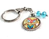 Owl Keychain, Mexican Owl Art Key Chain, Upcycled Beaded Keyring Key Ring, Silver Metal Original Owl Art Print Blue Yellow
