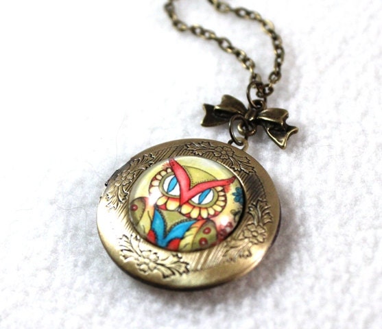 Owl Locket, Antique Gold Charm Necklace Pendant, Bronze Vintage Inspired Jewelry, Original Owl Art Print, Yellow Red Teal Blue