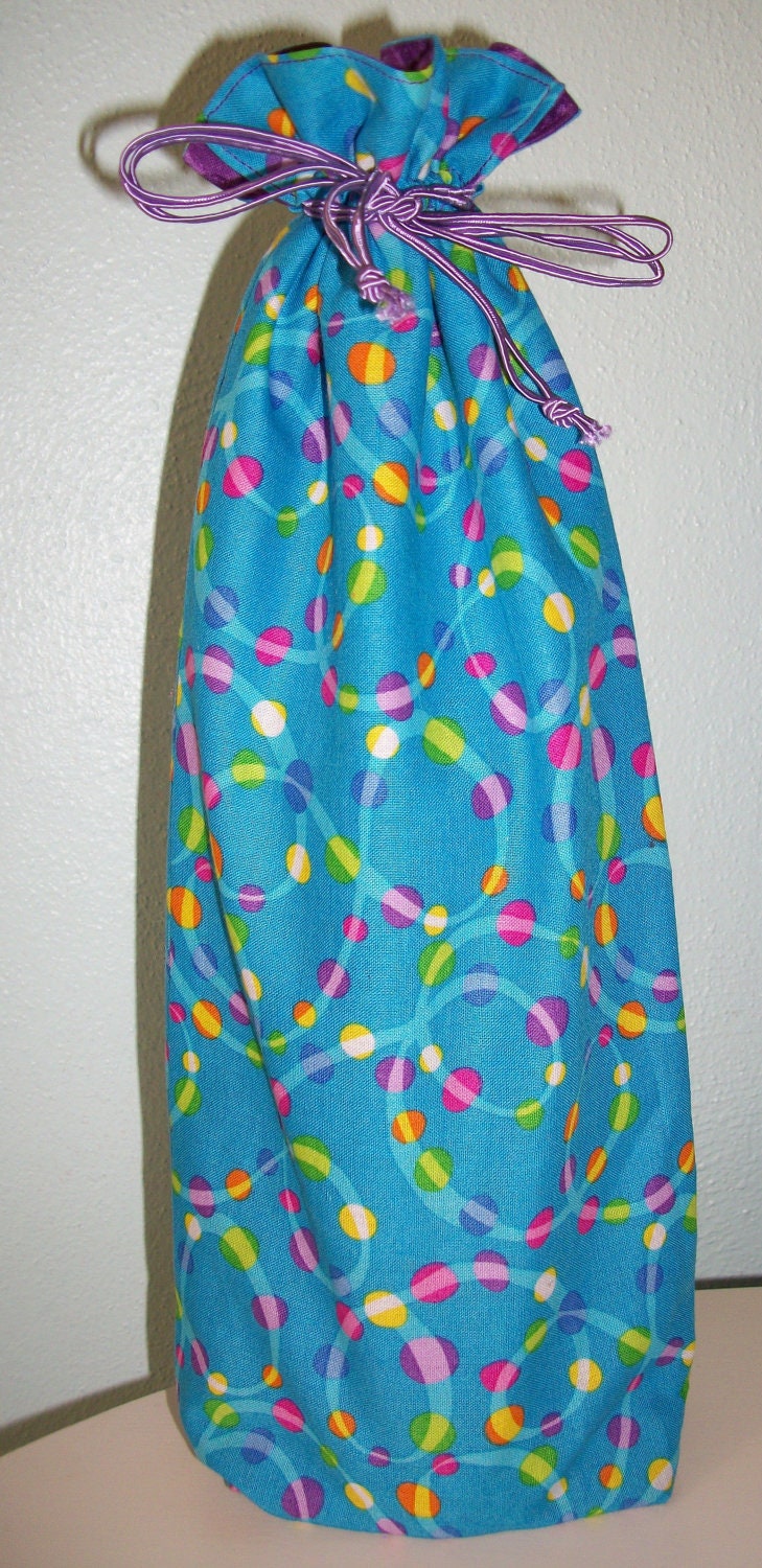 Dots and Swirls Wine Bottle Bag - Reversible - Drawstring - Reusable