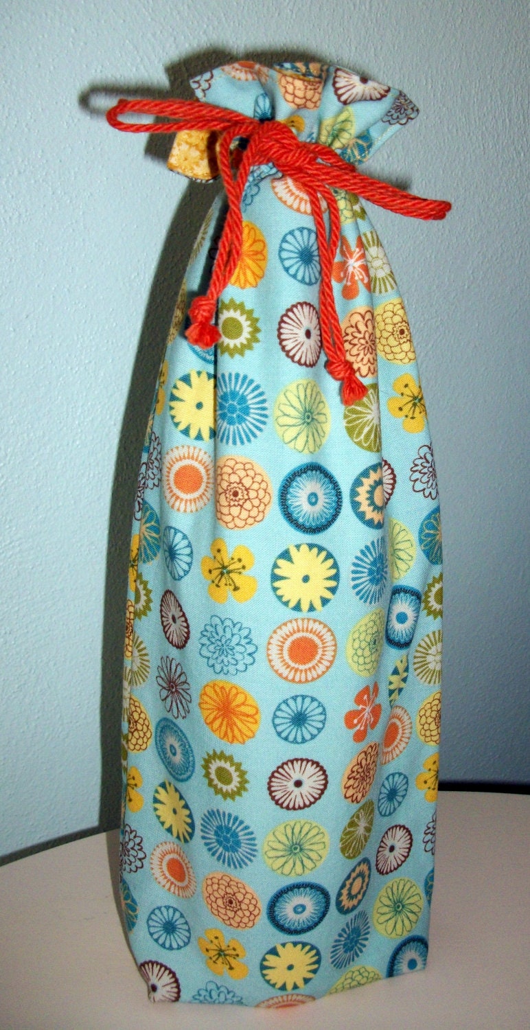 Flower Buttons Wine Bottle Bag - Reversible - Drawstring - Reusable