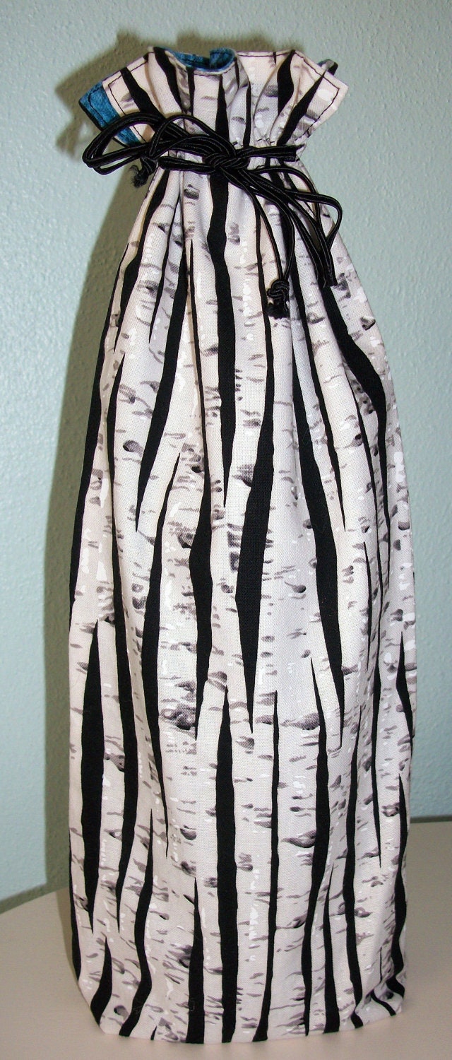 White Birch Wine Bottle Bag - Reversible - Drawstring - Reusable
