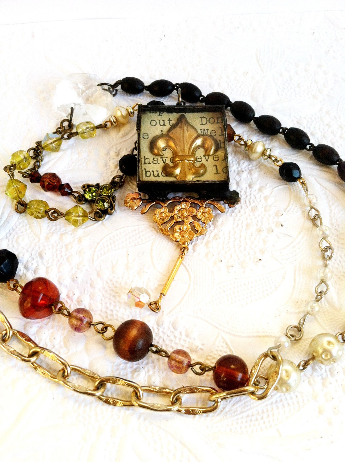 Fleur De Lis Rosary, Vintage Brass Fleur Necklace, Fleur Reliquary Necklace, Vintage Bead Chain Rosary Style Necklace