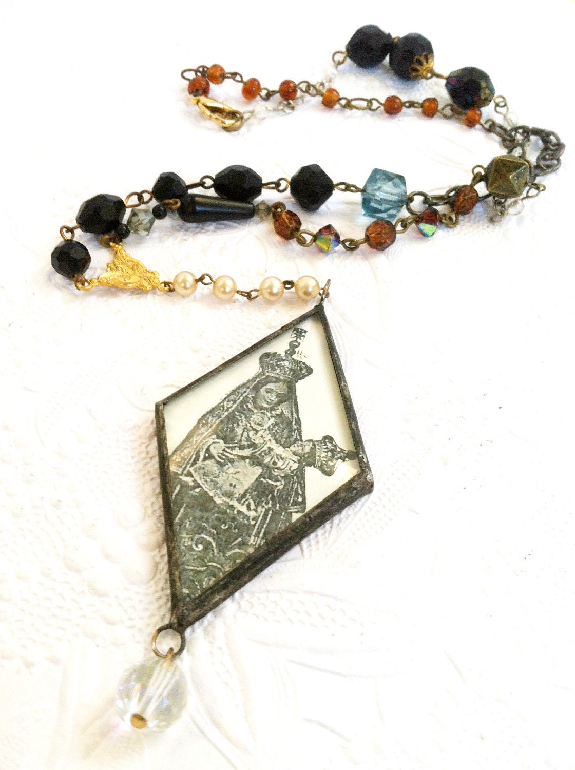 Maria SS Di Costantinopoli Rosary, Religious Saint Jewelry, Madonna of Constantinople Pendant, Soldered Beveled Glass Necklace