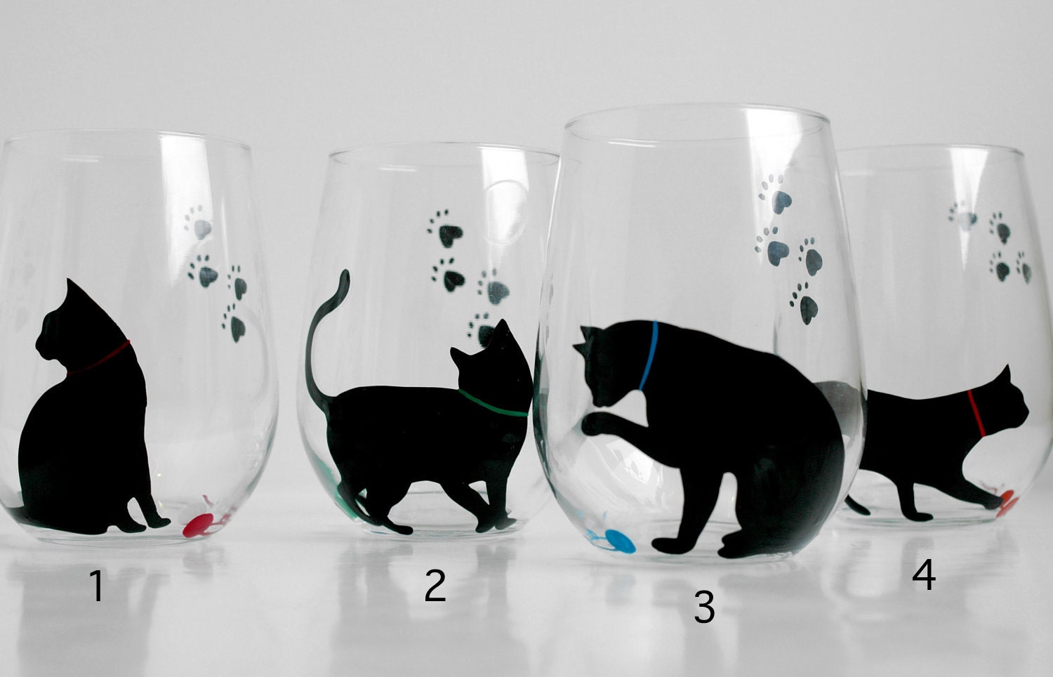 Cat and Yarn Stemless Wine Glasses -- Set of 2 Hand Painted Black Cat Silhouette Glasses