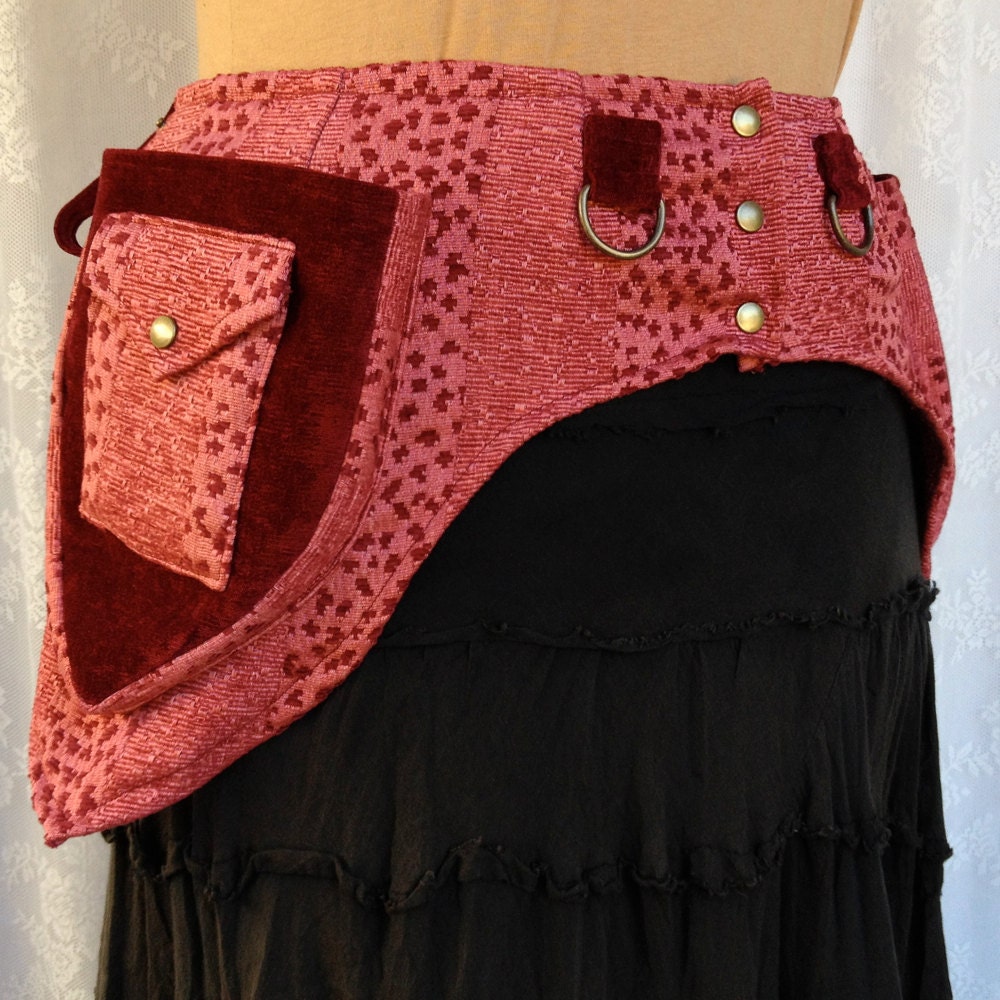 Steampunk pocket belt - Burning Man utility belt - salmon pink tapestry - size Small