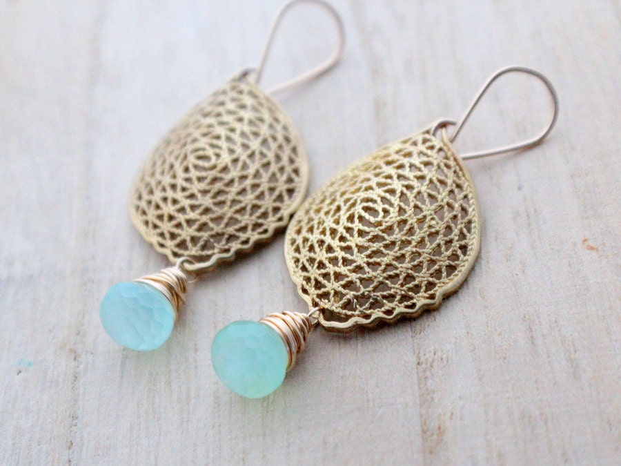 Aqua Gold Bohemian Earrings, Chalcedony Drop, 14k Gold Fill, Handmade - Cocoon